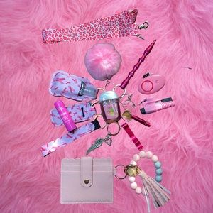 Cancer Pink Ribbon Safety Keychain with Cheetah Lanyard & Pink ID Wristlet Set